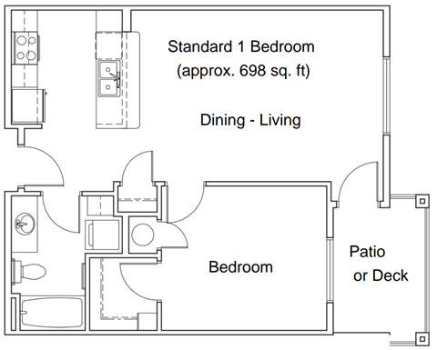 Floor plan for 1 bed, 1 bath, 698 sqft